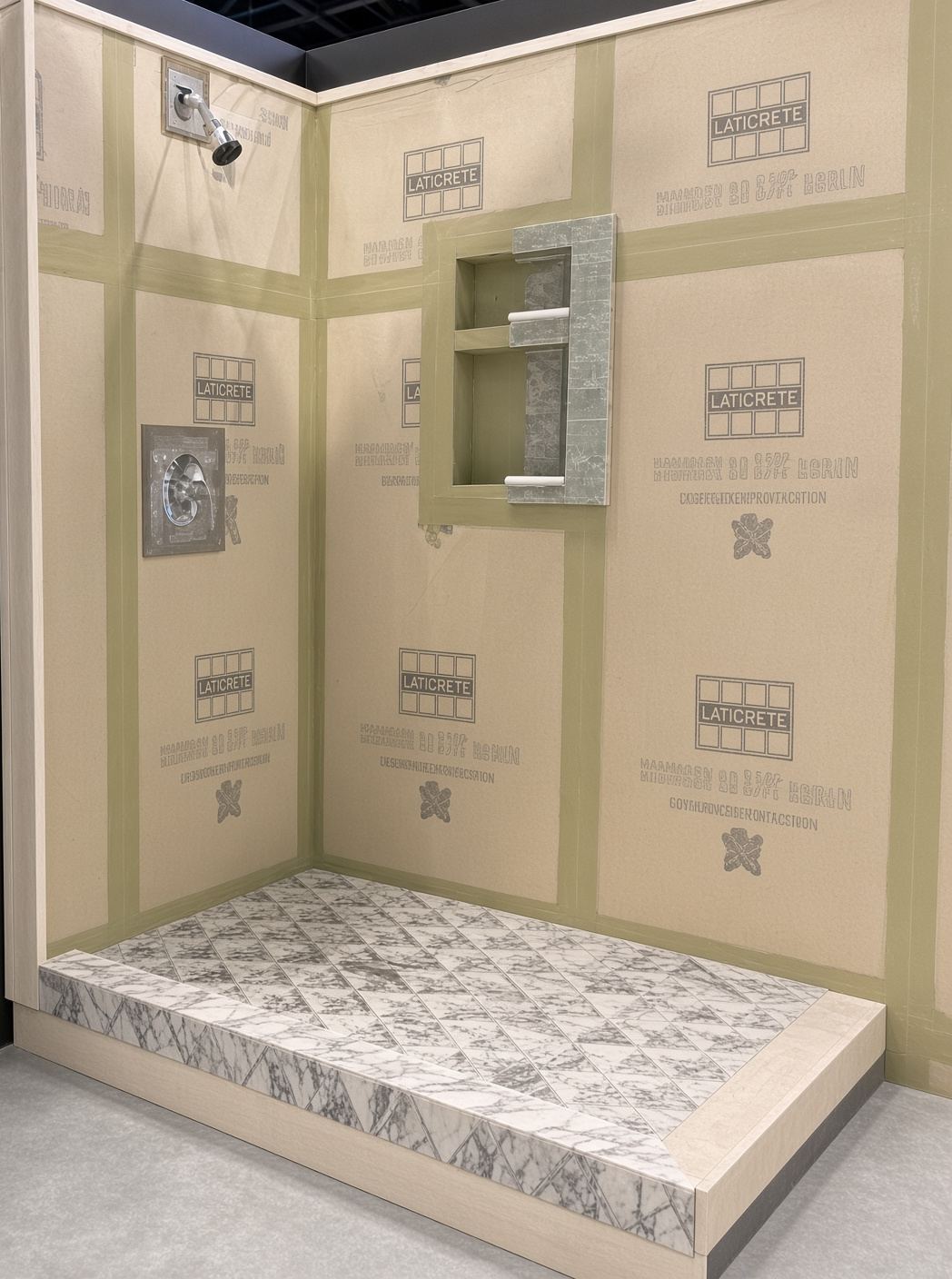 Visualization of a shower corner waterproofed with LATICRETE boards and sealed seams, with a tiled floor